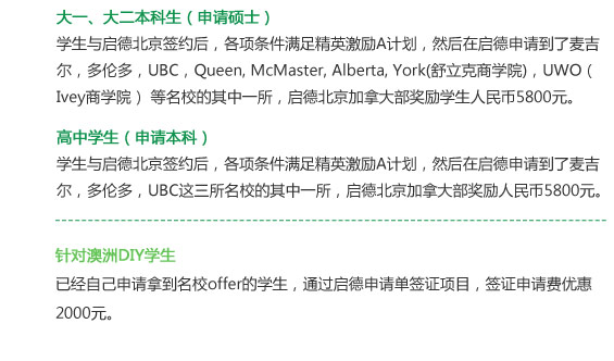 （加拿大项目）

大一、大二本科生（申请硕士）
学生与启德北京签约后，各项条件满足精英激励A计划，然后在启德申请到了麦吉尔，多伦多，UBC，Queen, McMaster, Alberta, York(舒立克商学院)，UWO（Ivey商学院） 等名校的其中一所，启德北京加拿大部奖励学生人民币5800元。
 
高中学生（申请本科）
学生与启德北京签约后，各项条件满足精英激励A计划，然后在启德申请到了麦吉尔，多伦多，UBC这三所名校的其中一所，启德北京加拿大部奖励人民币5800元。

澳洲项目
针对澳洲DIY学生，已经自己申请拿到名校offer的学生，通过启德申请单签证项目，签证申请费优惠2000元。
