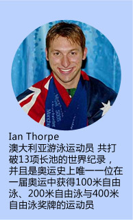 Ian Thorpe
澳大利亚游泳运动员 共打破13项长池的世界纪录，并且是奥运史上唯一一位在一届奥运中获得100米自由泳、
200米自由泳与400米自由泳奖牌的运动员
