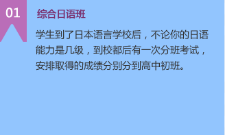 综合日语班
学生到了日本语言学校后，不论你的日语能力是几级，到校都后有一次分班考试，安排取得的成绩分别分到高中初班。