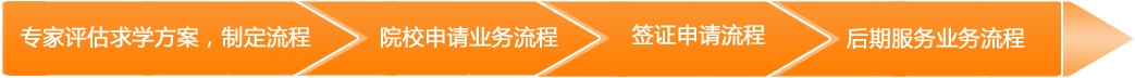 1.专家评估求学方案，制定流程；2.院校申请业务流程；3.签证申请流程；4.后期服务业务流程