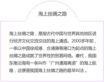 海上丝绸之路，是指古代中国与世界其他地区进行经济文化交流交往的海上通道。2000多年前，一条以中国徐闻港、合浦港等港口为起点的海上丝绸之路成就了世界性的贸易网络。唐代，我国东南沿海有一条叫作“广州通海夷道”的海上航路，这便是我国海上丝绸之路的最早叫法 。