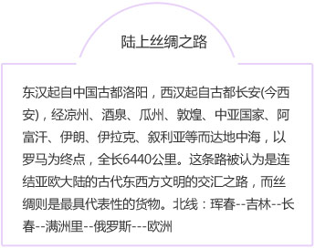 陆上丝绸之路 东汉起自中国古都洛阳，西汉起自古都长安(今西安)，经凉州、酒泉、瓜州、敦煌、中亚国家、阿富汗、伊朗、伊拉克、叙利亚等而达地中海，以罗马为终点，全长6440公里。这条路被认为是连结亚欧大陆的古代东西方文明的交汇之路，而丝绸则是最具代表性的货物。北线：珲春--吉林--长春--满洲里--俄罗斯---欧洲