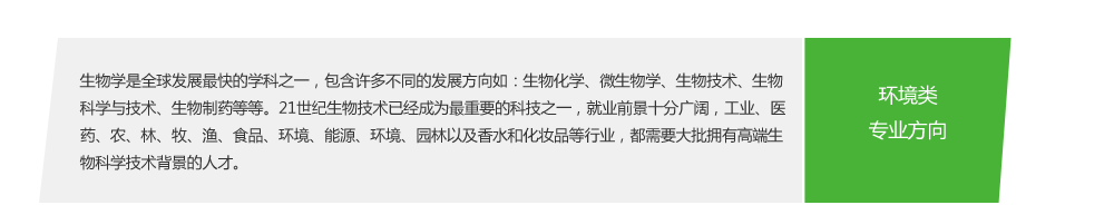 生物类
生物学是全球发展最快的学科之一，包含许多不同的发展方向如：生物化学、微生物学、生物技术、生物科学与技术、生物制药等等。21世纪生物技术已经成为最重要的科技之一，就业前景十分广阔，工业、医药、农、林、牧、渔、食品、环境、能源、环境、园林以及香水和化妆品等行业，都需要大批拥有高端生物科学技术背景的人才。
