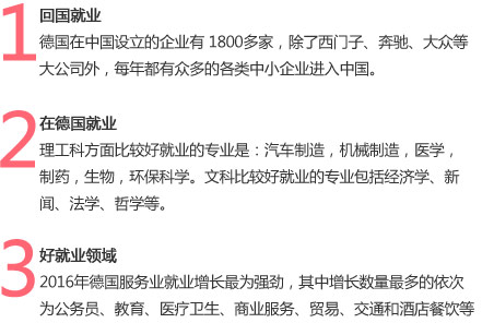 1.回国就业
德国在中国设立的企业有 1800多家，除了西门子、奔驰、大众等大公司外，每年都有众多的各类中小企业进入中国。

2.在德国就业
理工科方面比较好就业的专业是：汽车制造，机械制造，医学，制药，生物，环保科学。文科比较好就业的专业包括经济学、新闻、法学、哲学等。

3.好就业领域
2016年德国服务业就业增长最为强劲，其中增长数量最多的依次为公务员、教育、医疗卫生、商业服务、贸易、交通和酒店餐饮等。
