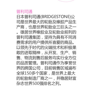 日本普利司通(BRIDGESTONE)公司是世界最大的轮胎及橡胶产品生产商，也是世界轮胎业三巨头之一。雄居世界橡胶业及轮胎业前列的普利司通集团，自1931年创建以来，始终奉行“以最高品质贡献社会”的企业方针，坚持为具有不同消费需求的用户提供所喜爱的商品。以领先于时代的尖端技术和积极果敢的进取精神，从开发、生产、销售、物流到售后服务均实行全方位的品质管理。普利司通作为享誉世界的跨国公司，目前销售区域遍布全球150多个国家，是世界上最大的轮胎制造厂商之一，并稳居财富杂志世界500强排名之列。
