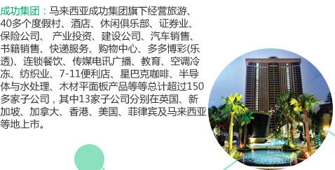 成功集团：马来西亚成功集团旗下经营旅游、40多个度假村、酒店、休闲俱乐部、证券业、保险公司、 产业投资、建设公司、汽车销售、书籍销售、快递服务、购物中心、多多博彩(乐透)、连锁餐饮、传媒电讯广播、教育、空调冷冻、纺织业、7-11便利店、星巴克咖啡、半导体与水处理、木材平面板产品等等总计超过150多家子公司，其中13家子公司分别在英国、新加坡、加拿大、香港、美国、菲律宾及马来西亚等地上市。
