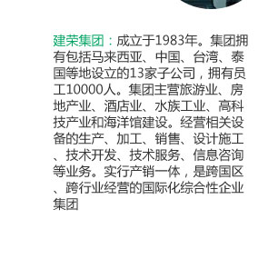 建荣集团公司：成立于1983年。集团拥有包括马来西亚、中国、台湾、泰国等地设立的13家子公司，拥有员工10000人。集团主营旅游业、房地产业、酒店业、水族工业、高科技产业和海洋馆建设。经营相关设备的生产、加工、销售、设计施工、技术开发、技术服务、信息咨询等业务。实行产销一体，是跨国区、跨行业经营的国际化综合性企业集团