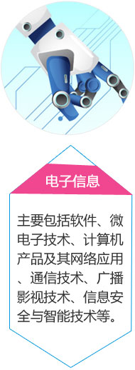 电子信息
主要包括软件、微电子技术、计算机产品及其网络应用、通信技术、广播影视技术、信息安全与智能技术等。