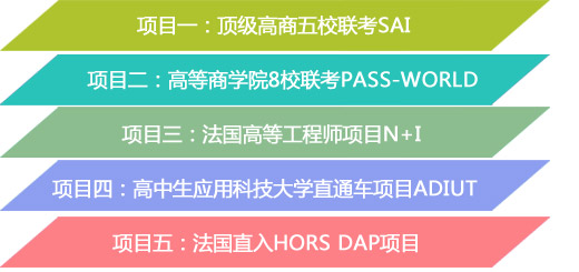 项目一：顶级高商五校联考SAI
项目二：高等商学院8校联考Pass-World
项目三：法国高等工程师项目N+i
项目四：高中生应用科技大学直通车项目ADIUT（选择性面签）
项目五：法国直入HORS DAP项目