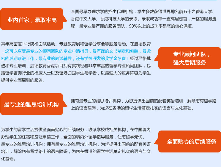 业内首家，录取率高：全国最早办理求学的招生代理机构，学生多数获得世界排名前五十之香港大学、香港中文大学、香港科技大学的录取。录取成功率一直高居榜首，严格的服务流程，最专业最严谨的服务团队，90%以上的成功率是您的信心保证。

专业顾问团队，强大后期服务：常年高密度举行院校面试活动、专题教育展和留学分享会等服务活动。在启德教育，您可以享受最专业的顾问团队的专业申请指导，最严谨的文书制定和包装，最紧密的后期跟进工作，最专业的面试辅导，还有学校颁发的奖学金惊喜！经过严格挑选和专业培训，启德教育香港项目拥有实践经验非常丰富的留学专业顾问团队，包括留学咨询行业的权威人士以及留港归国学生与学者，以最强大的服务阵容为学生提供专业而周到的服务。
最专业的雅思培训机构：拥有最专业的雅思培训机构，为您提供出国前的配套英语培训，解除您有留学路上的语言障碍，为您在香港的留学生活奠定扎实的语言与文化基础。

全面贴心的后续服务：为学生的留学生活提供全面而贴心的后续服务，联系学校或相关机构，在中国境内办理学生的住宿和签证申请工作，全面的境内外留学指导服务，让学生和家长留学无忧。
