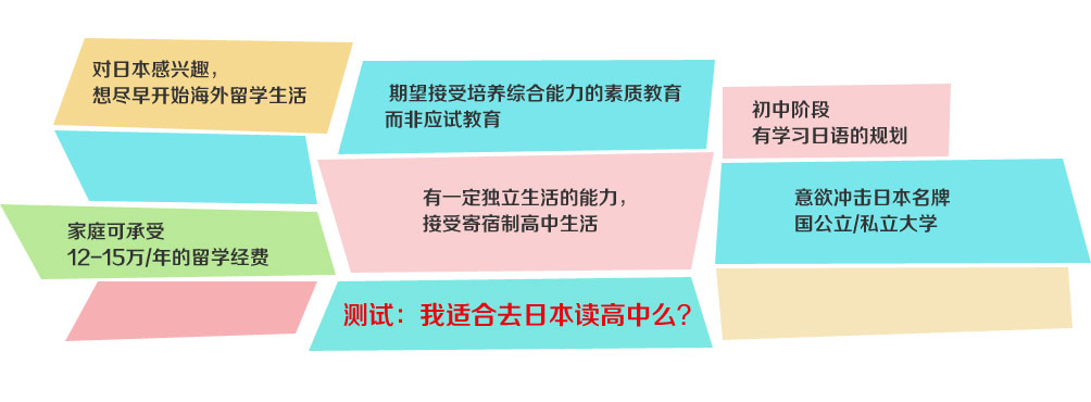 ●对日本感兴趣，想尽早开始海外留学生活
●期望接受培养综合能力的素质教育，而非应试教育
●初中阶段有学习日语的规划
●有一定独立生活的能力，接受寄宿制高中生活
●意欲冲击日本名牌国公立/私立大学
●家庭可承受12-15万/年的留学经费