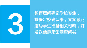 教育顾问确定学校专业，签署定校确认书，文案顾问指导学生准备相关材料，并发送信息采集调查问卷
