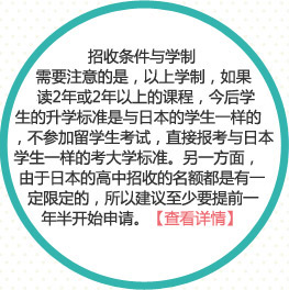 招收条件与学制
需要注意的是，以上学制，如果非读2年或2年以上的课程，今后学生的升学标准是与日本的学生一样的，不参加留学生考试，直接报考与日本学生一样的考大学标准。另一方面，由于日本的高中招收的名额都是有一定限定的，所以建议至少要提前一年半开始申请。